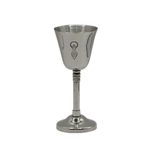 Silver chalice with a decorative emblem on a white background
