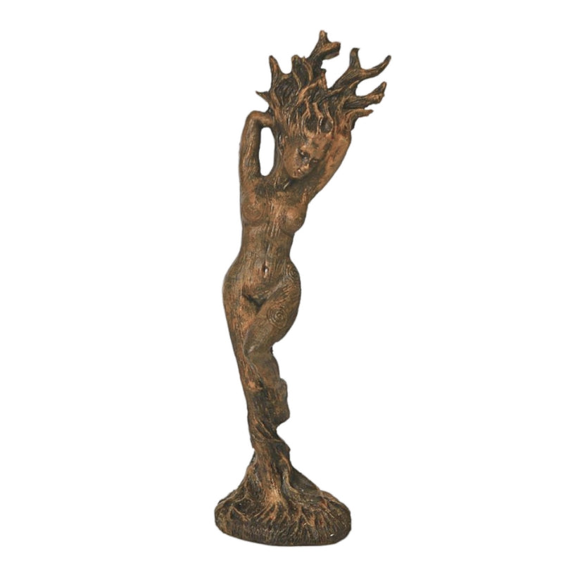 resin statue of a naked female tree nymph with a white background