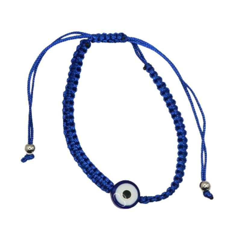 Braided bluye bracelet with an eye bear in the centre and a silver bead at each end