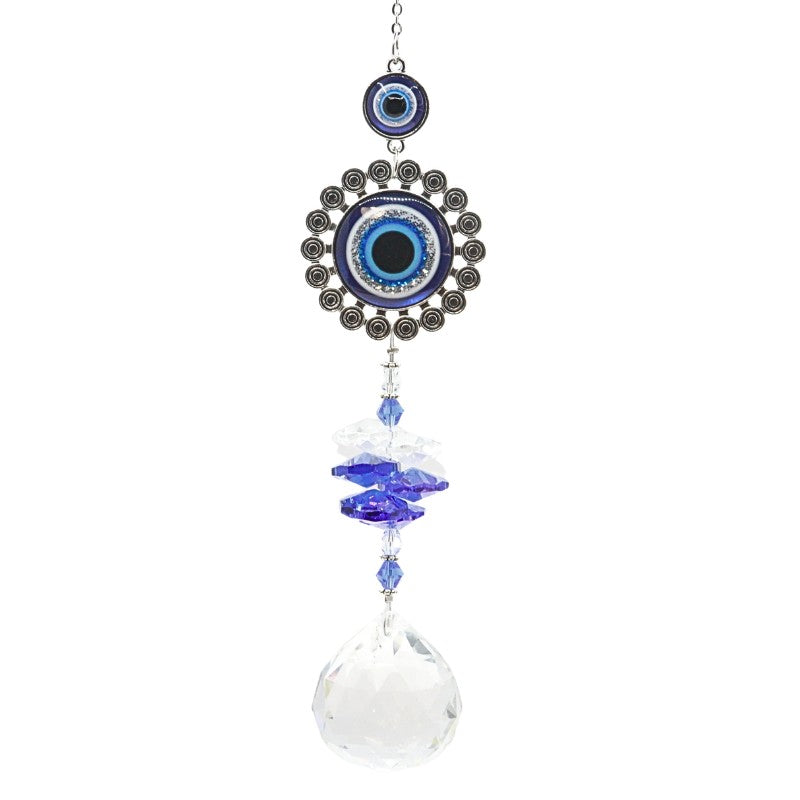 sun catcher faceted bead hanging from a chain below a series of blue and white eye bead designs set in metal surrounds