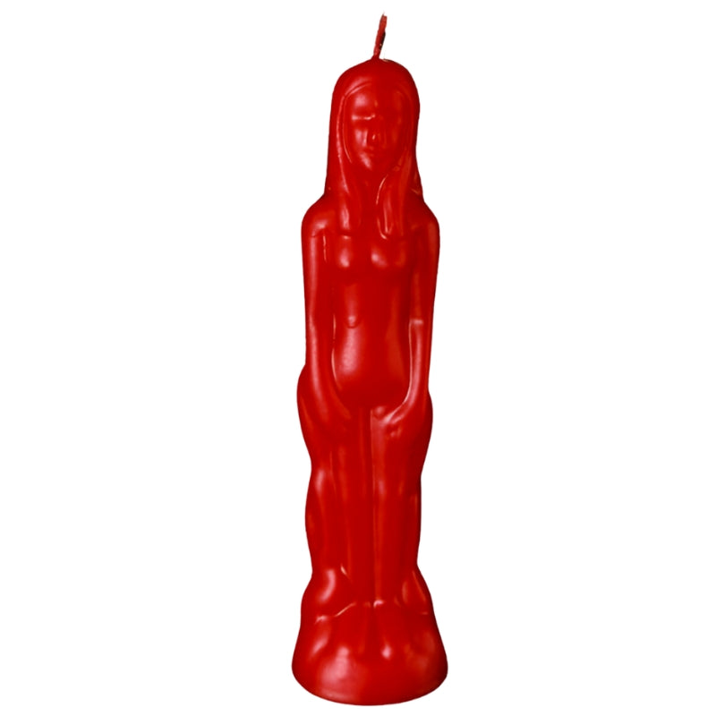 red naked figure candle in the shape of a naked female- front on- on a white background