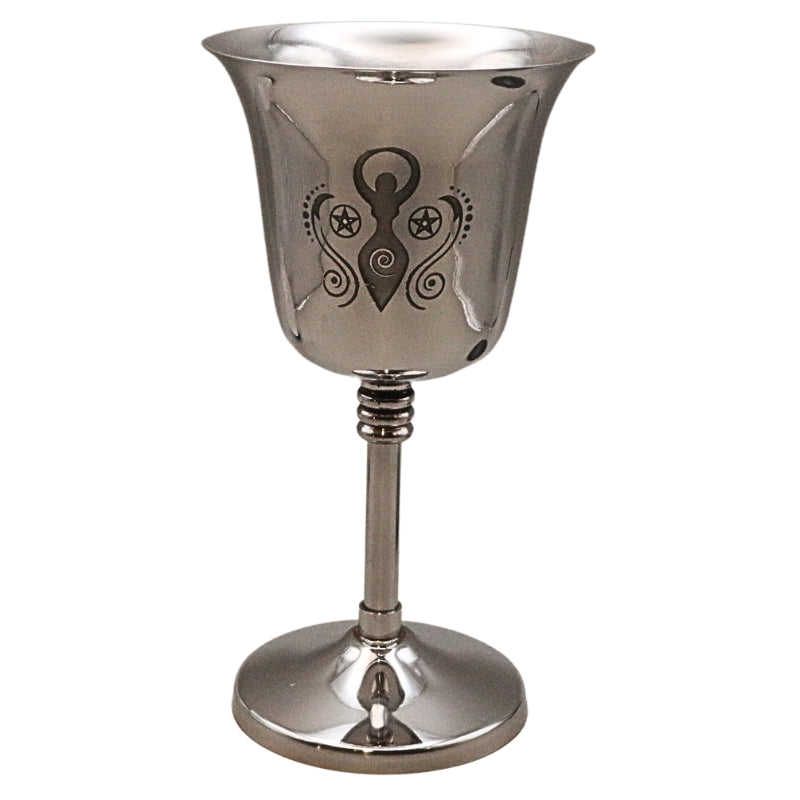 stainless steel chalice with an image of the goddess engraved into it