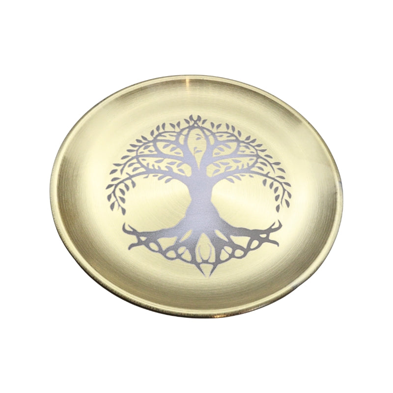 A round, shallow brass-colored dish featuring a stylized tree of life design printed in the center, set against a plain white background.