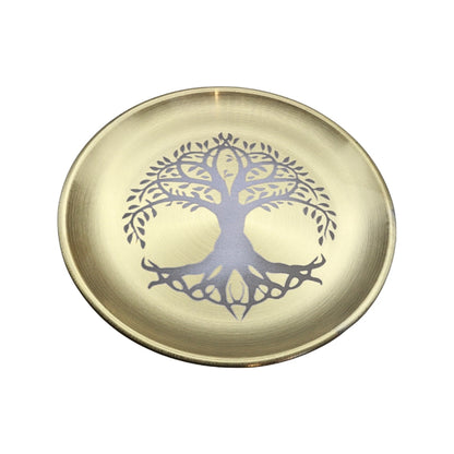 A round, shallow brass-colored tray with a brushed metallic finish, featuring a dark purple tree of life design printed in the center, set against a plain white background.