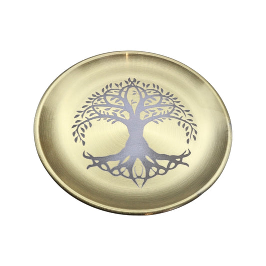 A round, shallow brass-colored tray with a brushed metallic finish, featuring a dark purple tree of life design printed in the center, set against a plain white background.
