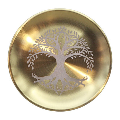 A round brushed gold metal tray or dish featuring a silver-colored tree of life design etched in the center, shown against a plain white background.