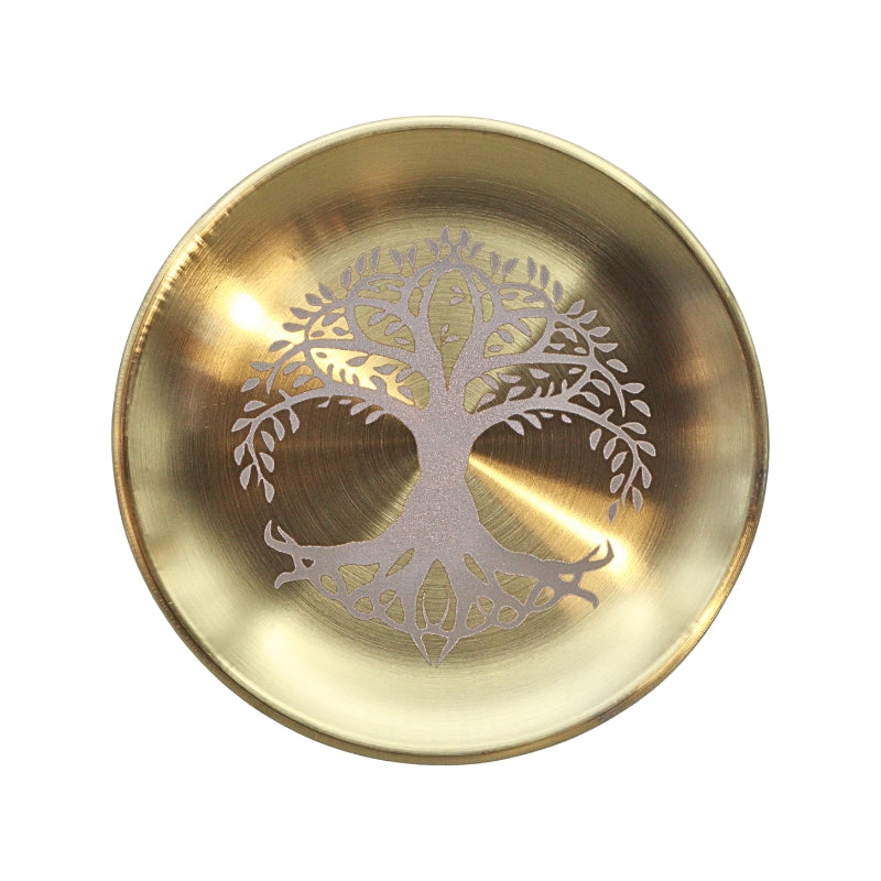 A round metallic gold bowl with a silver tree of life design etched in the center, shown from a top-down view on a white background.