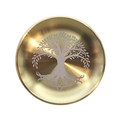 A round metallic gold bowl with a silver tree of life design etched in the center, shown from a top-down view on a white background.