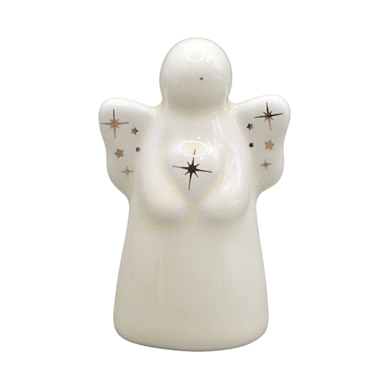 A white ceramic angel figurine with gold star and starburst details, shown against a plain white background.