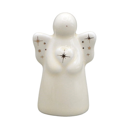 A white ceramic angel figurine with gold star and starburst details, shown against a plain white background.