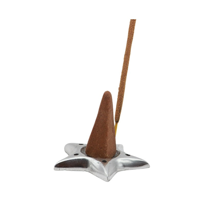 Incense cone holder with a star-shaped base and a wooden incense stick on a white background