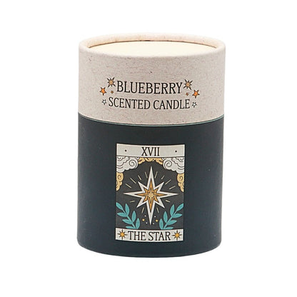 Blueberry scented candle with star design and text on a white background