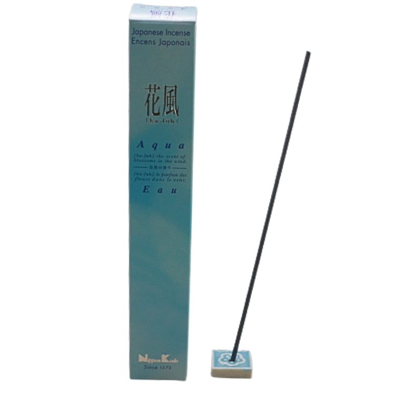 Ka-Fuh Aqua Premium Japanese Incense in ceramic incense tile next to the box of incense