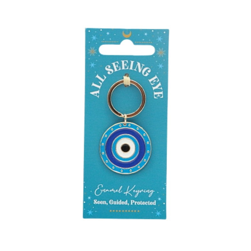 Blue keychain with eye design on a blue card labeled 'All Seeing Eye'.