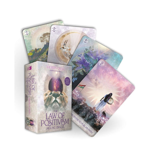 The Law of Positivity Healing Oracle card deck by Shereen Oberg, showing the illustrated box and several fanned-out cards with pastel fantasy artwork on a white background.