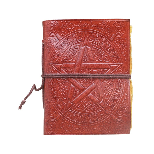 brown leather journal, embossed with image of a pentacle, with a brown tie, on a white background