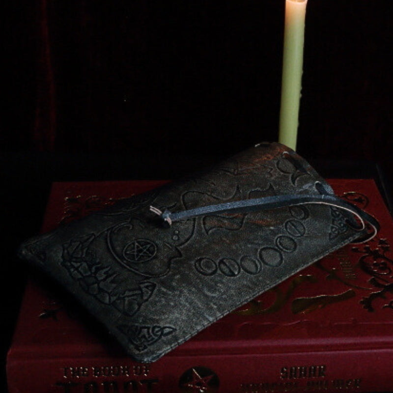 Cauldron and Pentacle Leather Drawstring Tarot Card Bag 12cm x 18cm