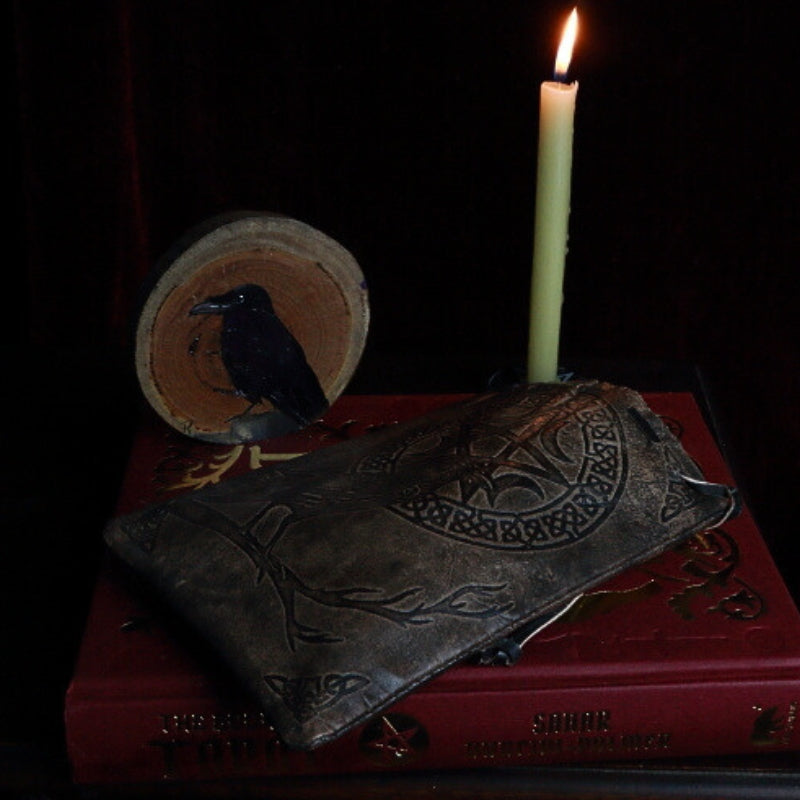 Raven and Pentacle Leather Drawstring Tarot Bag for Tarot and Oracle Cards 12cm x 18cm