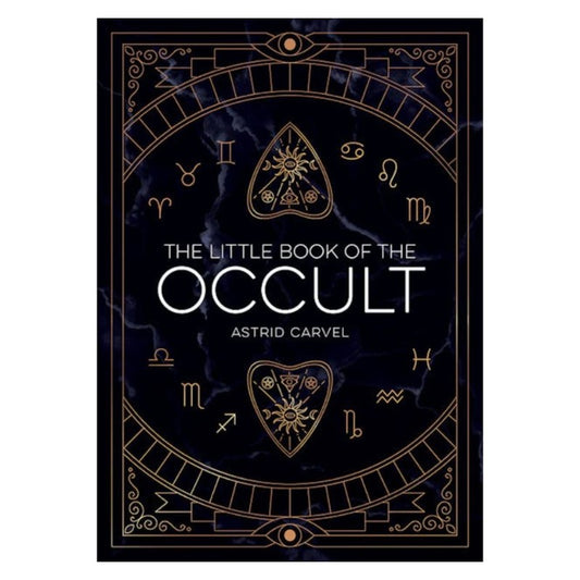 front cover of "The Little Book of the Occult" book showing gold lettering,  ouija pointers &  astrology signs on a black background