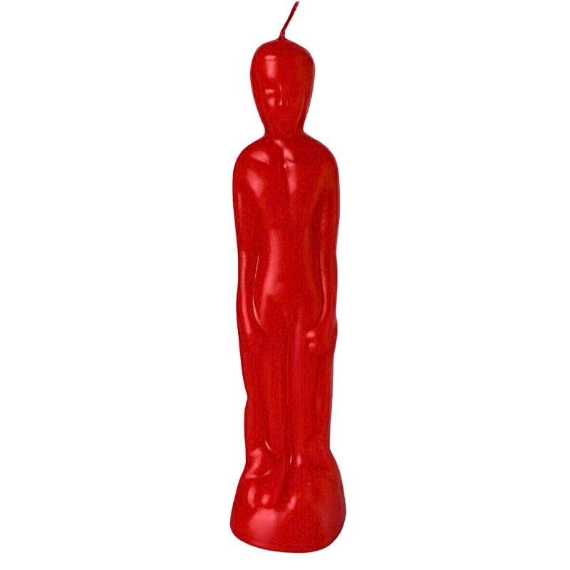 red naked figure candle in the shape of a naked male- front on- on a white background