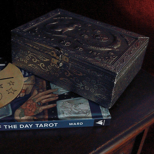 Embossed Metal Tarot Box- Witch Cat & Broom on a card of the day book with a card holder