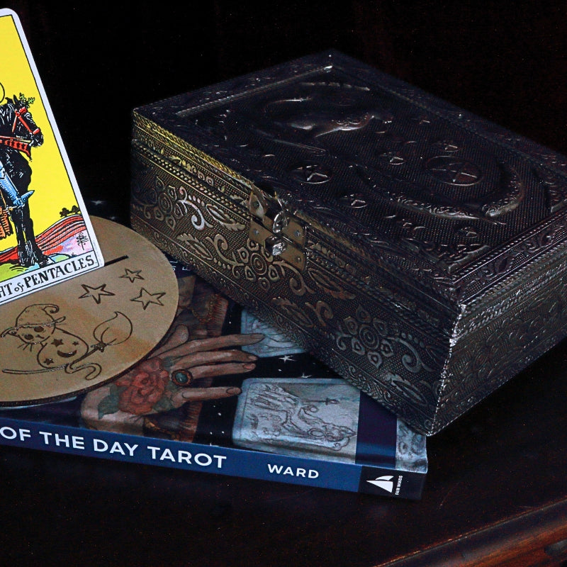 Embossed Metal Tarot Box- Witch Cat & Broom on a card of the day book with a card holder