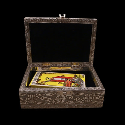 Embossed Metal Tarot Box- Witch Cat & Broom  with a pack of rider waite standard size tarot cards inside