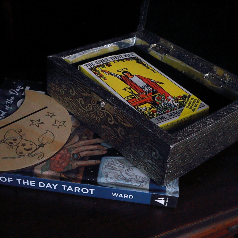 Embossed Metal Tarot Box- Witch Cat & Broom on a card of the day book with a card holder