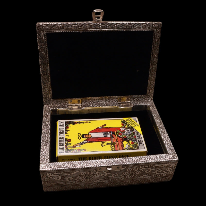 embossed metal tarot box with a standard size rider waite deck inside