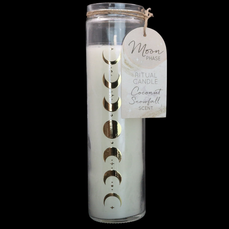 21cm tall glass jar candle with the phases of the moon printed on the front in gold