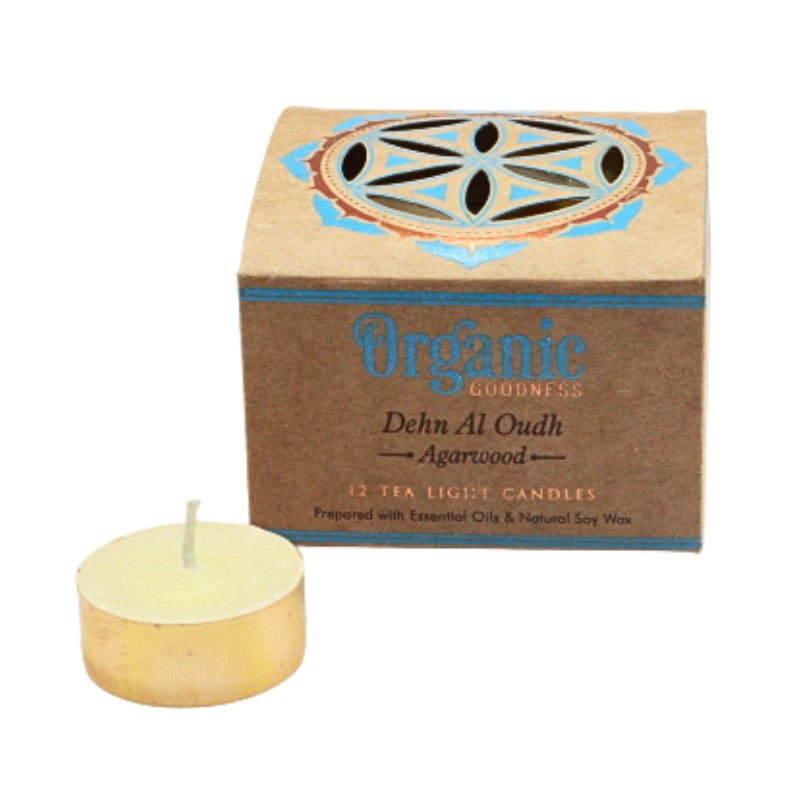 Tea light candle with 'Organic Goodness' packaging on a white background