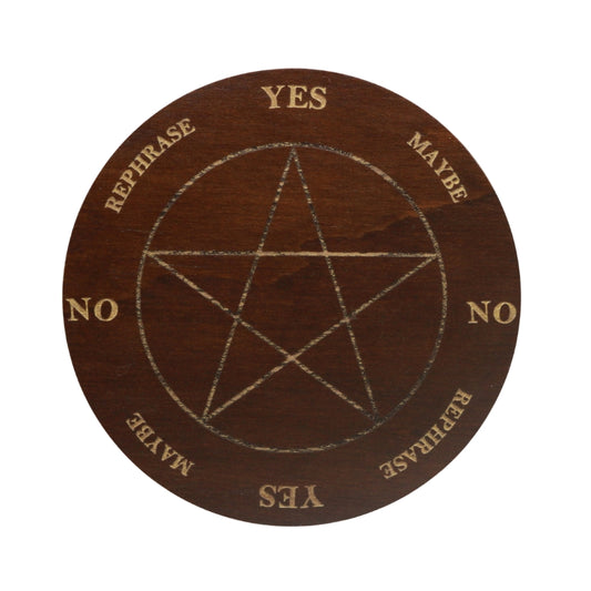 wooden circle board with a gold pentacle design and words surrounding the outside circle