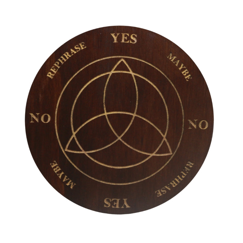 wooden circle board with a gold painted image of a triquetra inside a circle and words surrounding the edge of the circle