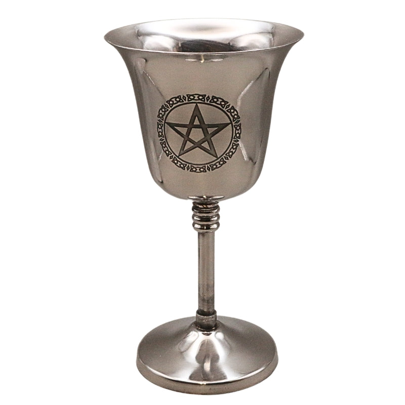 stainless steel chalice with an image of the pentacle engraved into it