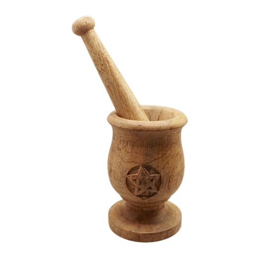Wiccan Pentacle Carved Mortar & Pestle in Mango Wood Finish