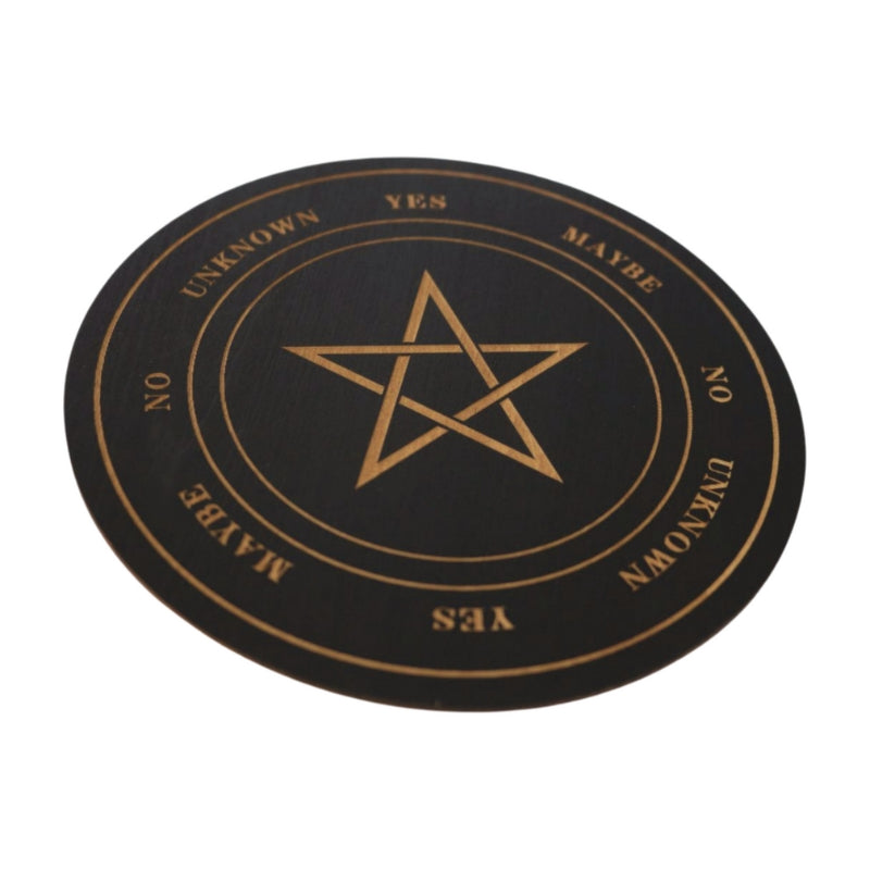 black round board for pendulum dowsing with the pentagram  in the centre  and yes, no, maybe and rephrase around the pentagram