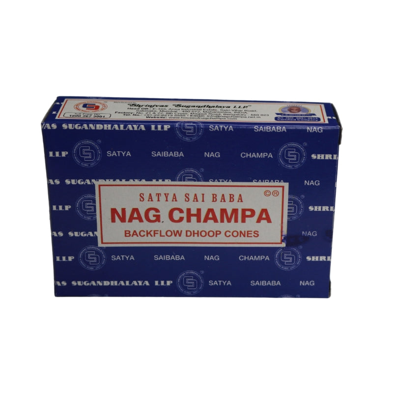 blue box of incense cones with blue borders and a white label on the front  with a red border, blue and white ellipse Satya trademark logo on the front with product name written in red