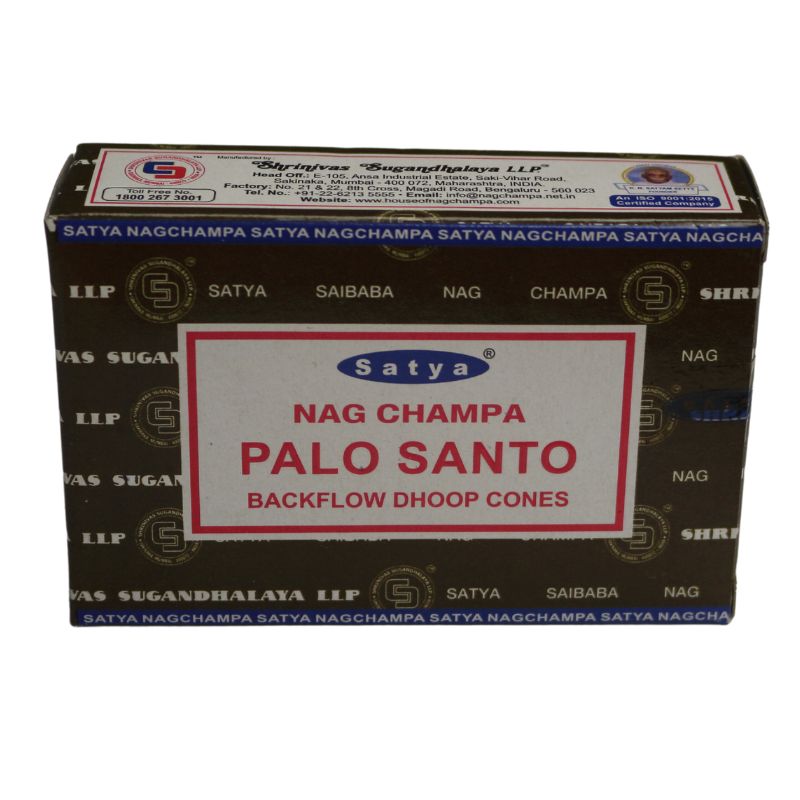 brown box of incense cones with blue borders and a white label on the front  with a red border, blue and white ellipse Satya trademark logo on the front with product name written in red