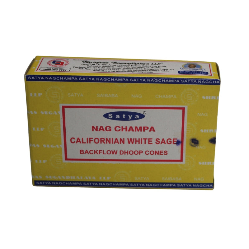 yellow box of incense cones with blue borders and a white label on the front  with a red border, blue and white ellipse Satya trademark logo on the front with product name written in red