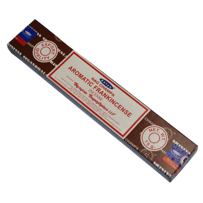 brown and white rectangulat box of satya aromatic frankincense incense