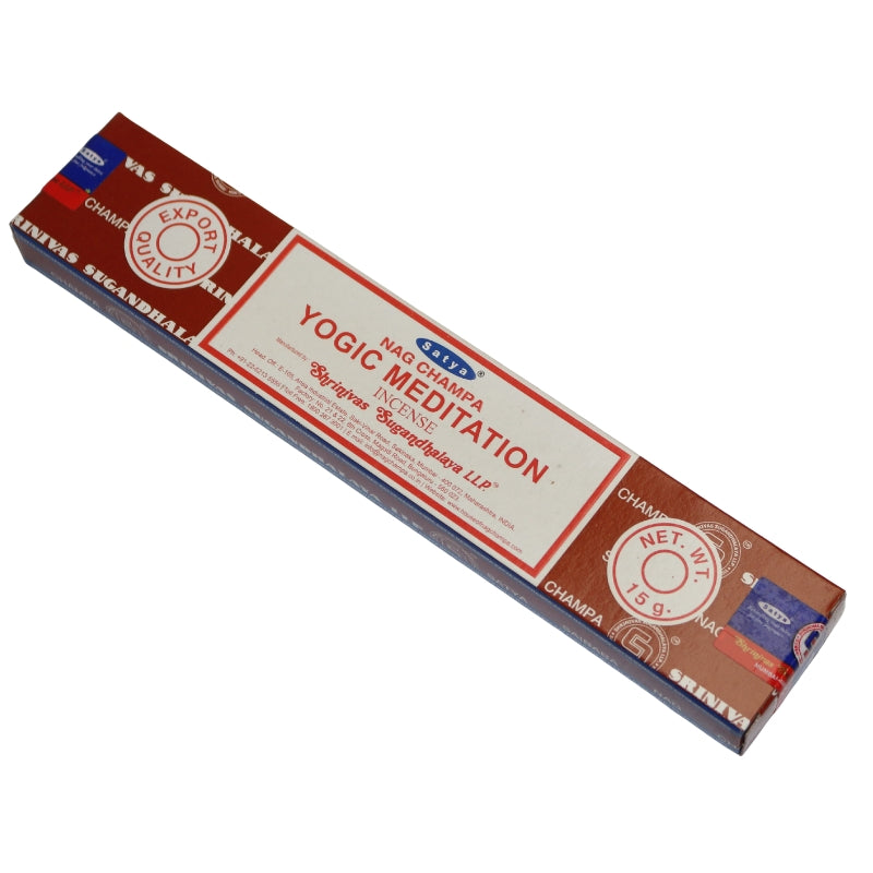 brown and white box of satya Yogic meditation incense
