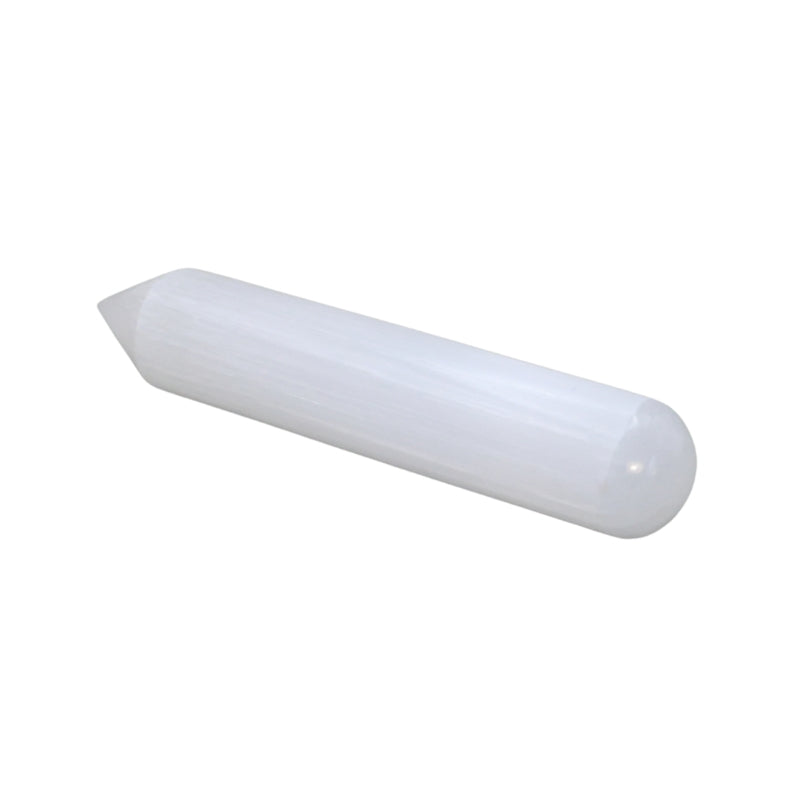 pointed selenite wand on a white background