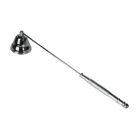 silver, bell shaped candle snuffer on a white background