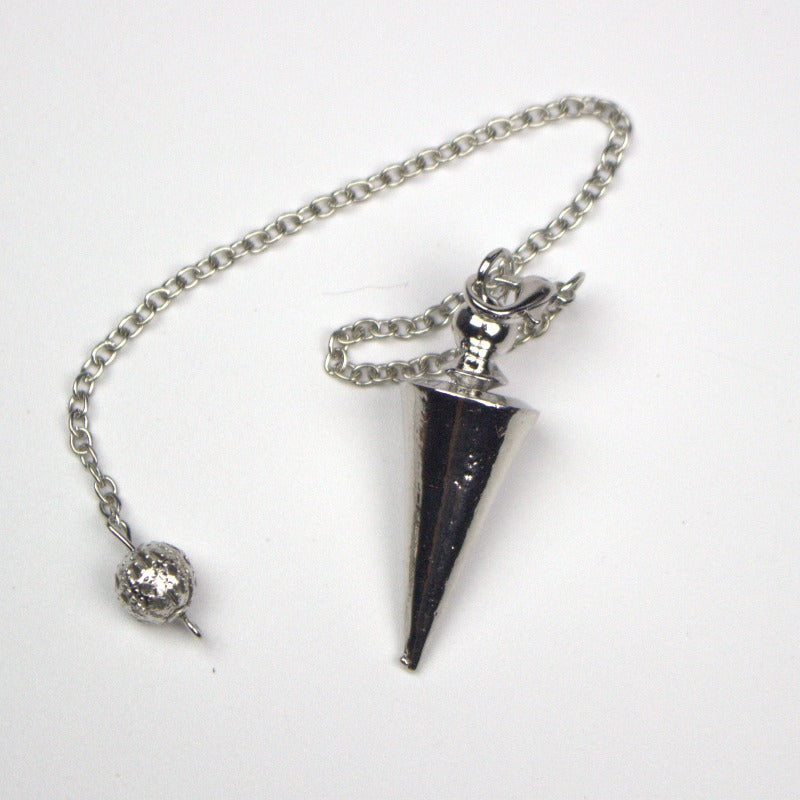 silver conical pendulum on white background