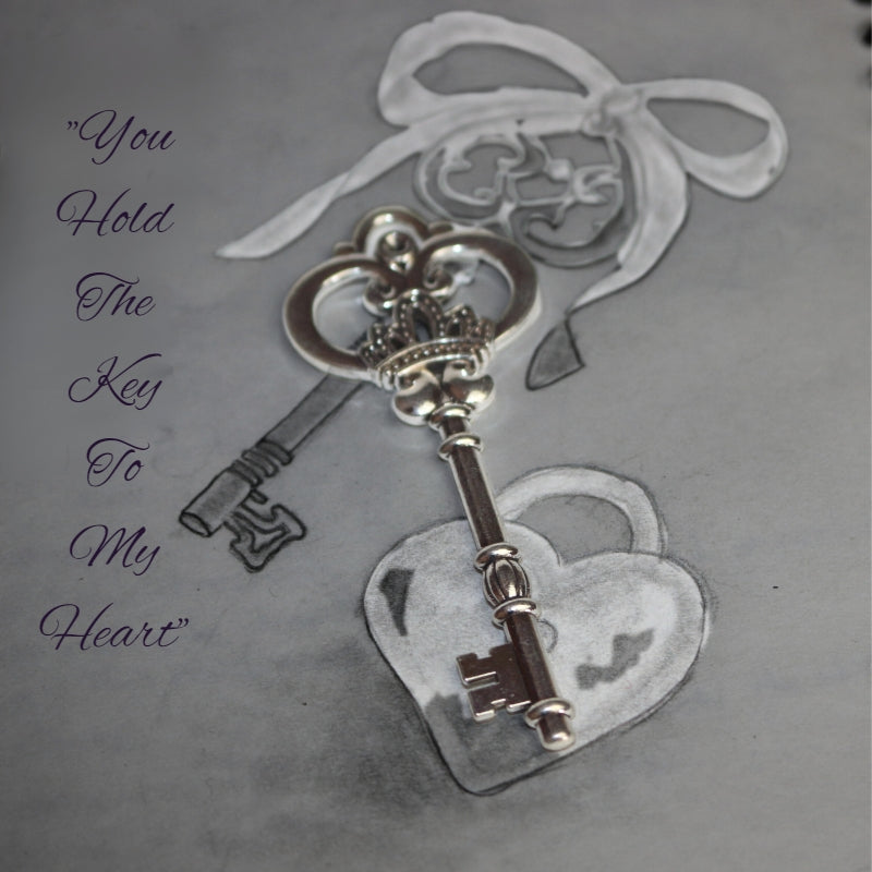 Silver skeleton key sitting atop a drawing of a key and padlock heart
