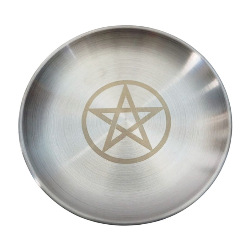 silver coloured stainless steel altar plate with an etched pentacle on the front (5 pointed star within a circle)