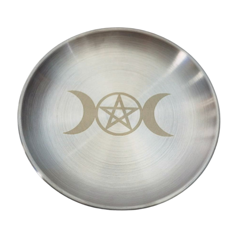 silver coloured altar offering plate with the design of a triple moon etched on the front with a pentagram (5 pointed star) in the centre full moon