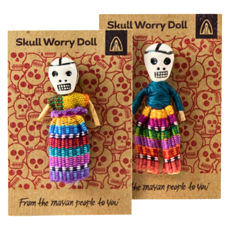 2 x Guatemalan skull worry dolls with cards