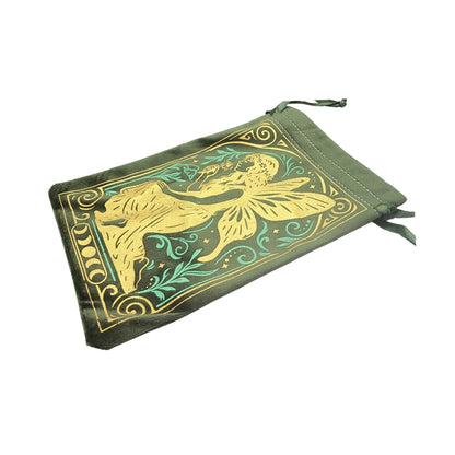 olive green drawstring velvet bag with a fairy image and moon phases in gold printed on the front and a green satin drawstring