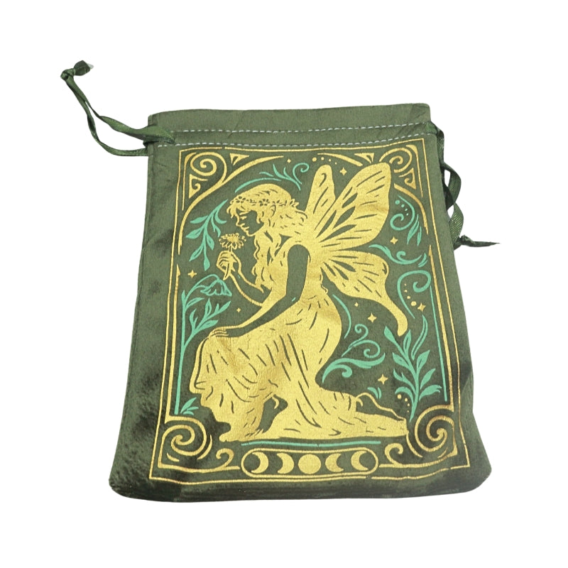 olive green drawstring velvet bag with a fairy image and moon phases in gold printed on the front and a green satin drawstring